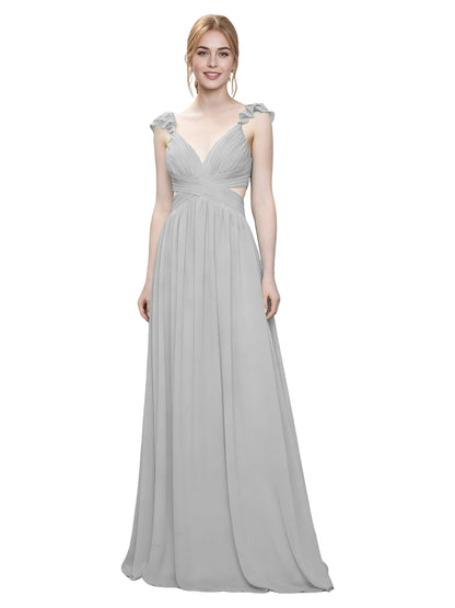 Ruffle Strap V-Neck Tulle Bridesmaid Dress with Pleated Waist