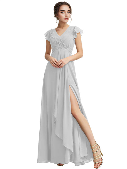 Cap Sleeve Chiffon Bridesmaid Dress with Ruffle V-Neck and Slit