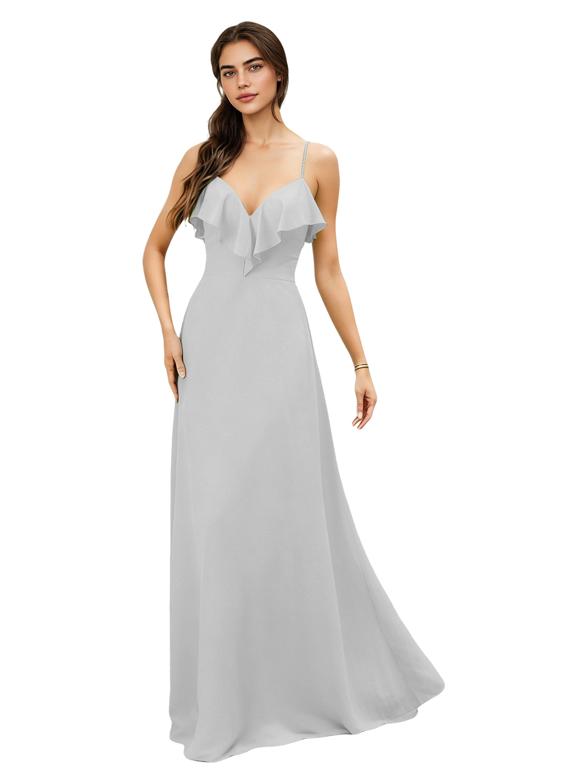 Ruffle V-Neck Chiffon Bridesmaid Dress with Spaghetti Straps