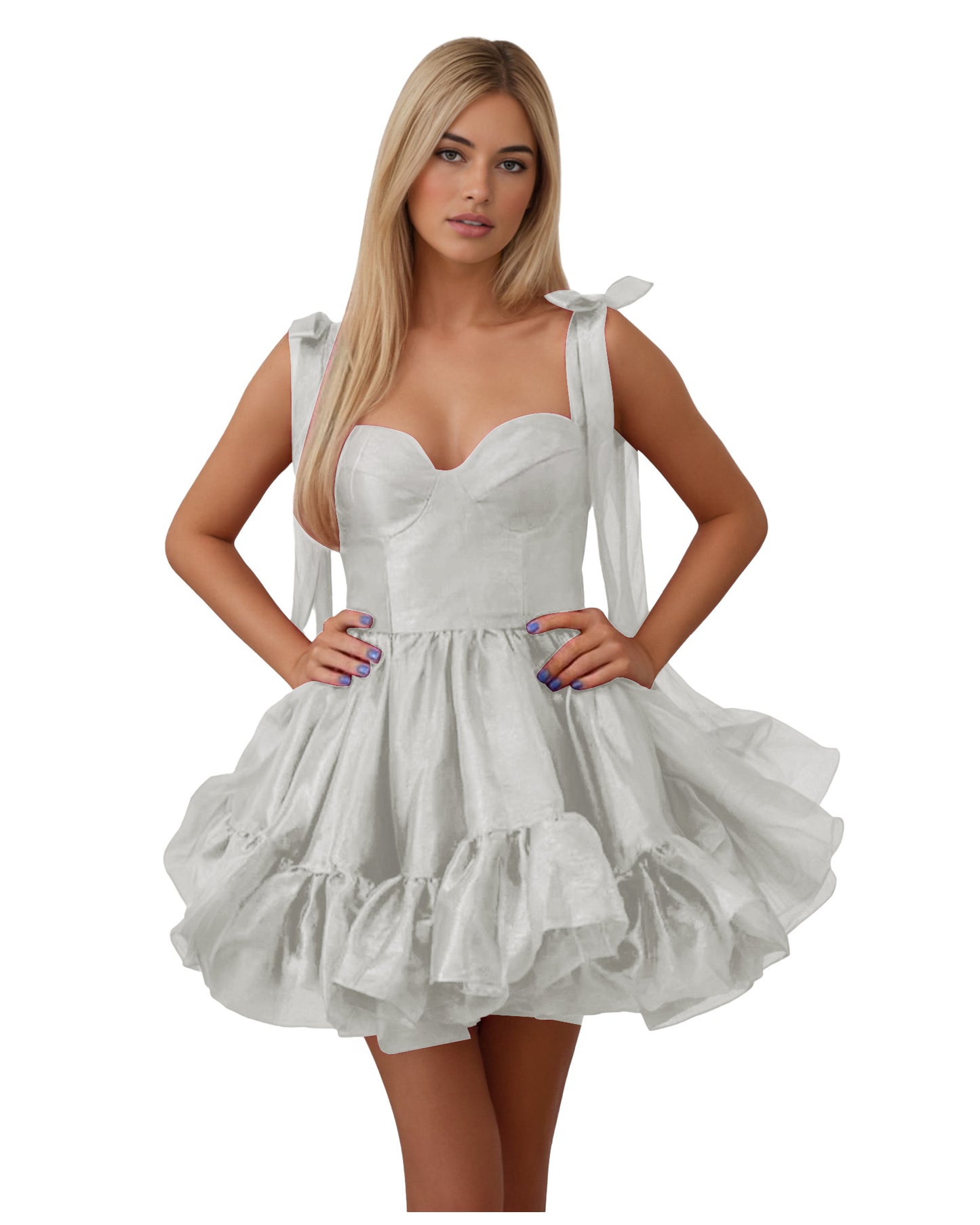 Bow Shoulder Satin Corset Ruffle Homecoming Dress