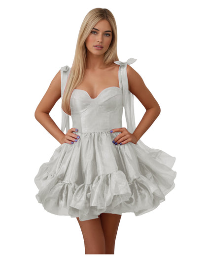 Bow Shoulder Satin Corset Ruffle Homecoming Dress