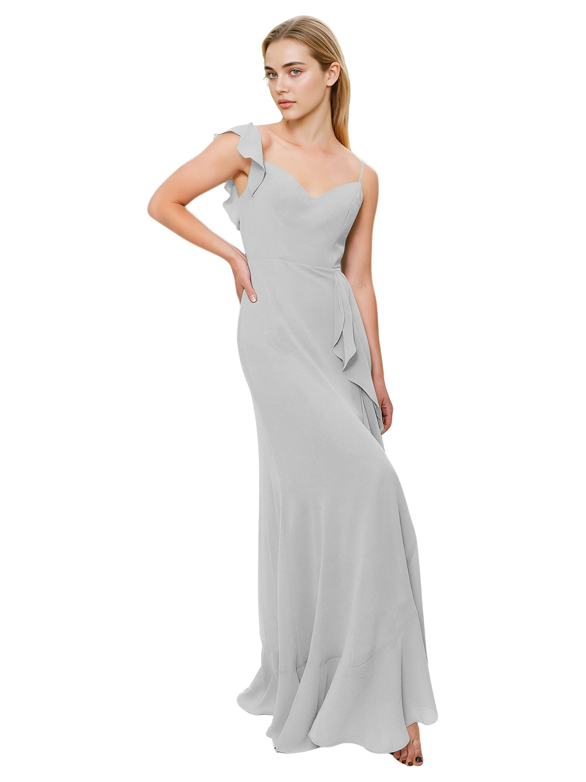 V-Neck Ruffle Strap Bridesmaid Dress with Cascading Chiffon Dress