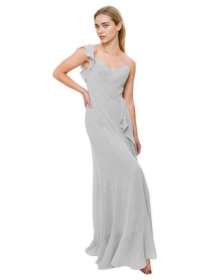 V-Neck Ruffle Strap Bridesmaid Dress with Cascading Chiffon Dress