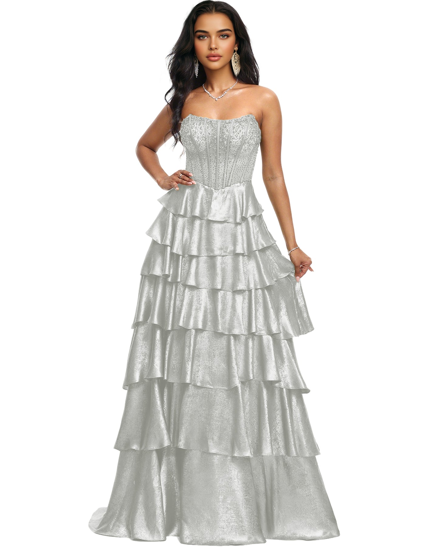 Strapless Tiered Sequin A-Line Prom Dress with Ruffle Layers