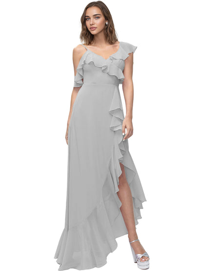 Asymmetrical Ruffle Chiffon Bridesmaid Dress with High Low Slit