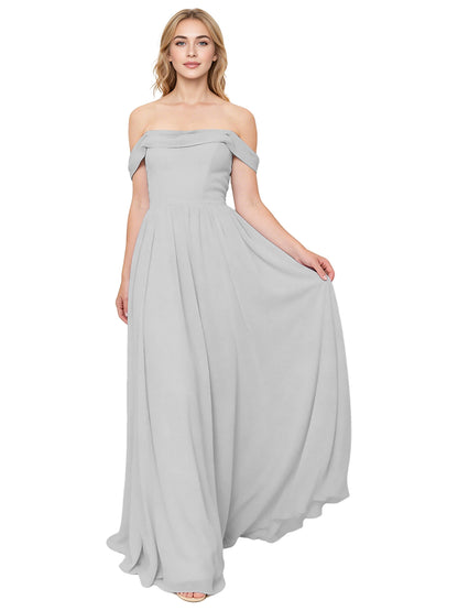 Off Shoulder Pleated Chiffon Bridesmaid Dress with Flowing A-Line Dress