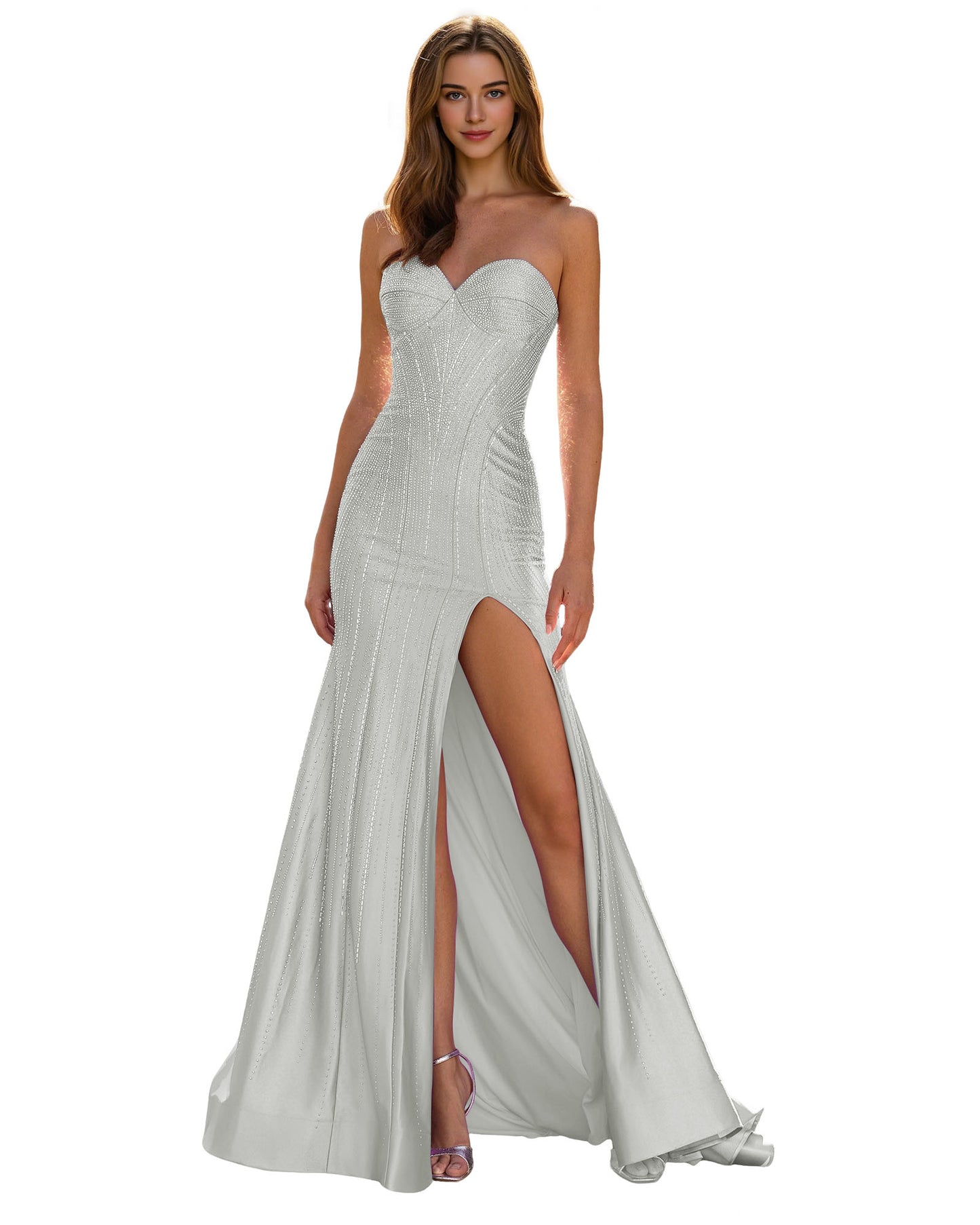 Strapless Sequin Column Prom Dress with Side Slit and Sweep Train