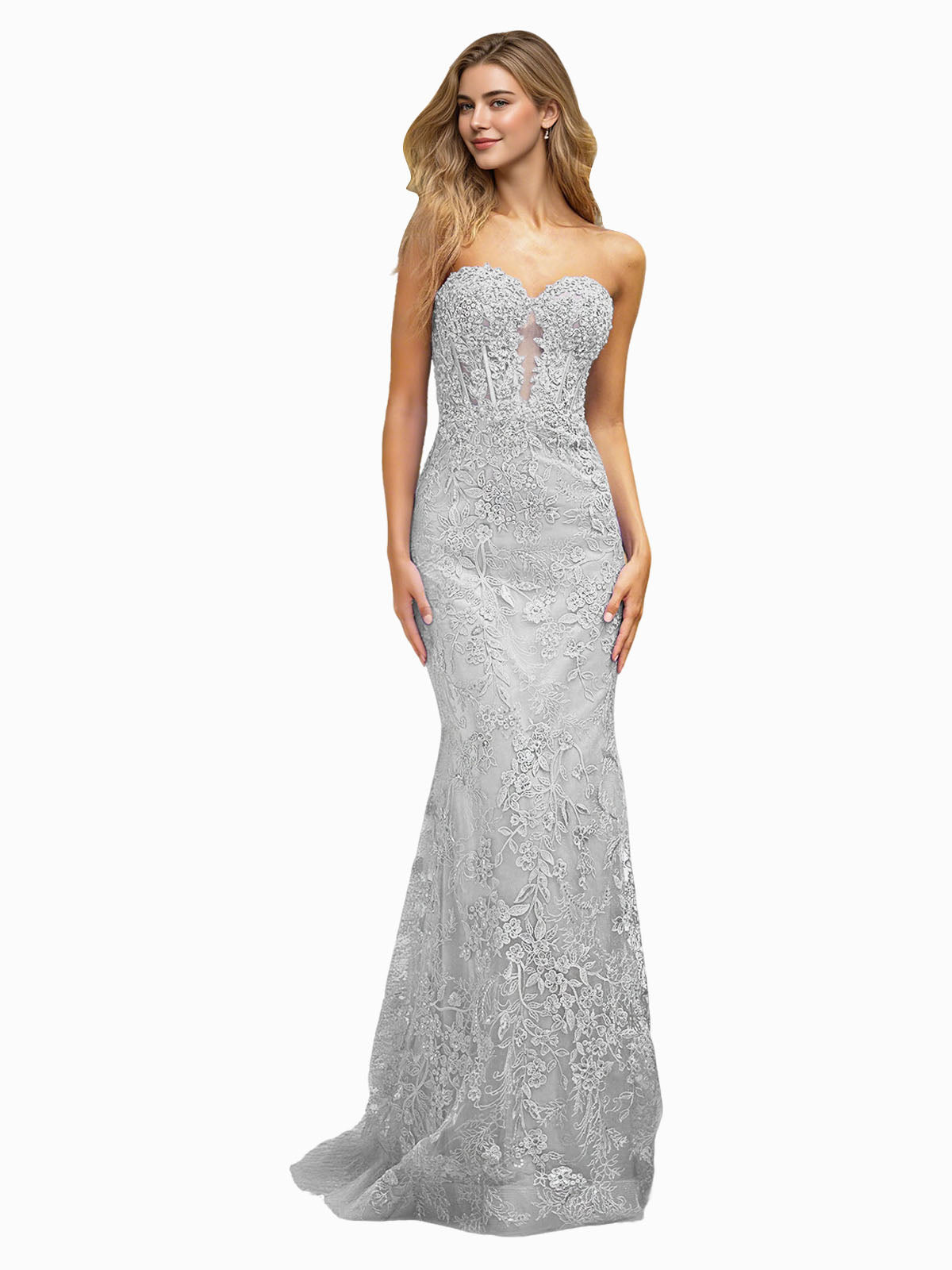 Strapless Floral Lace Mermaid Prom Dress with Sparkle Applique and Train