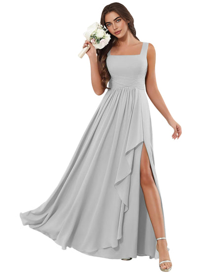 Square Neck Chiffon Bridesmaid Dress with Corset Back and Slit