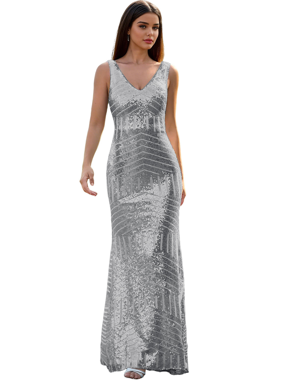 V-Neck Sequin Column Prom Dress with Beaded Waist and Low Back