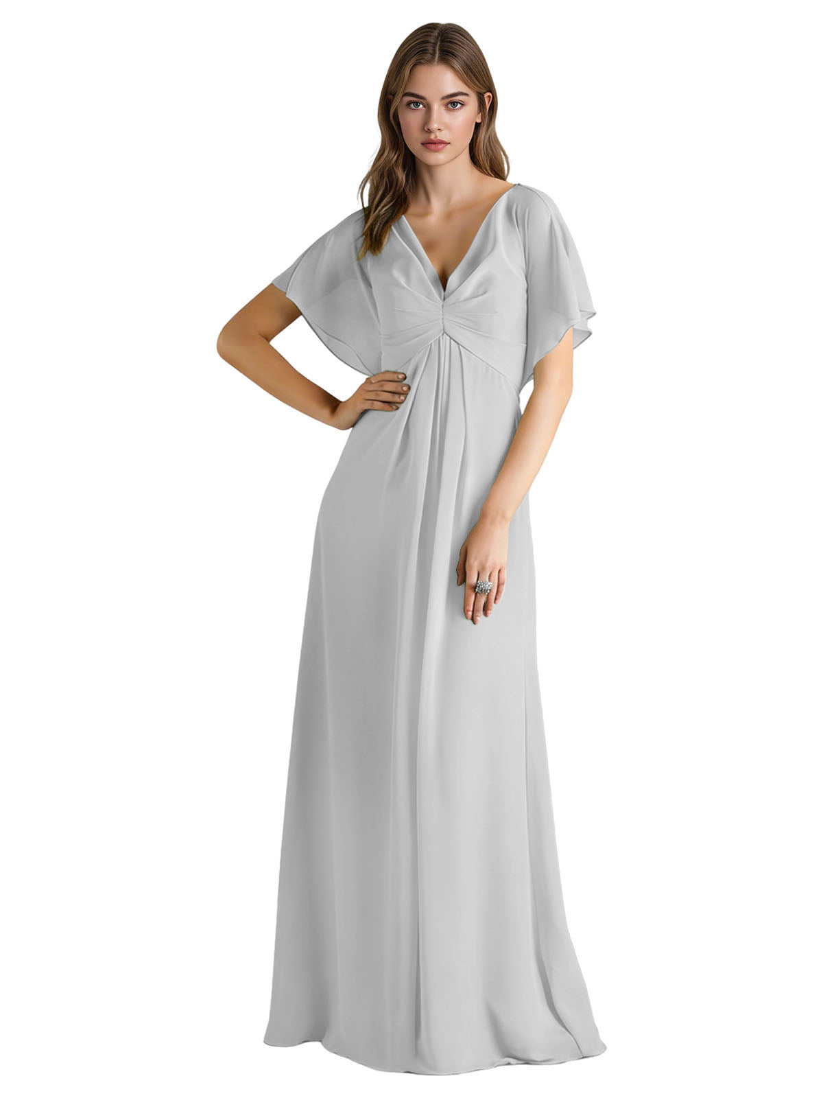 Short Sleeve V-Neck Chiffon Bridesmaid Dress with Gathered Waist