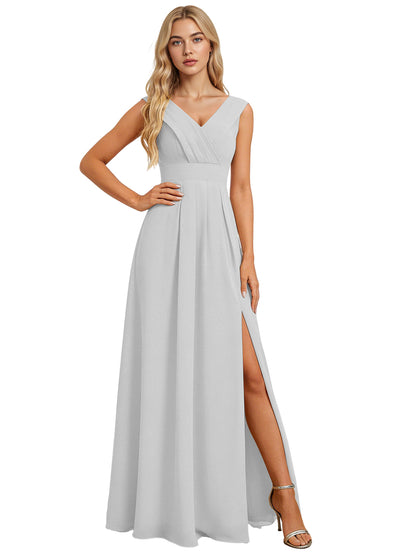 Surplice V-Neck Chiffon Bridesmaid Dress with A-Line Slit dress