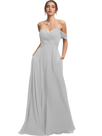 Off Shoulder Chiffon Bridesmaid Dress with Draped Bodice and A-Line Dress