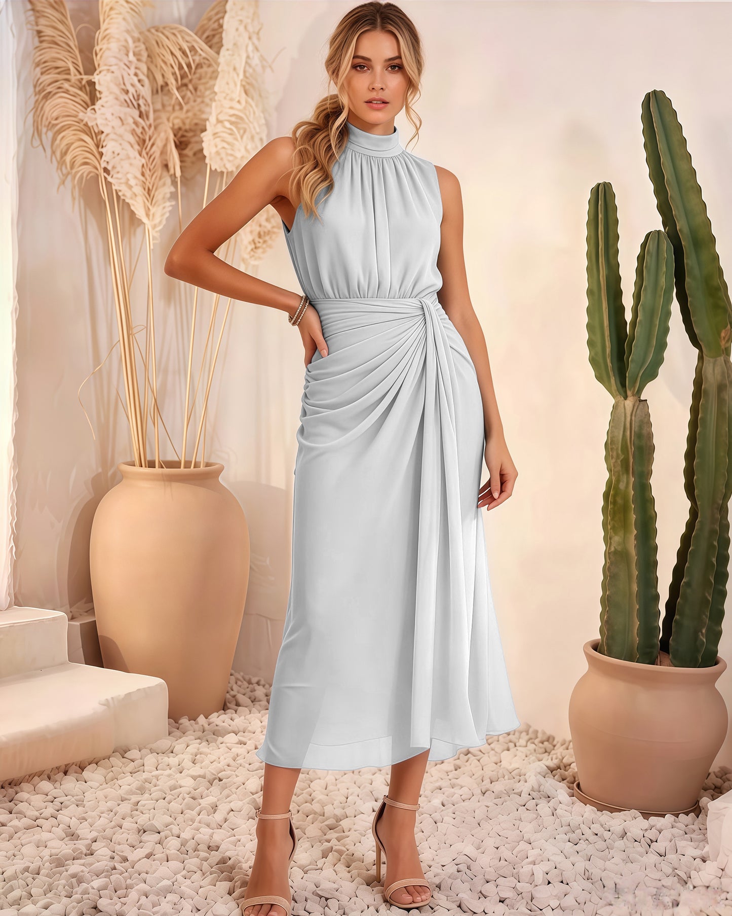 High Neck Chiffon Midi Formal Dress with Ruched Waist