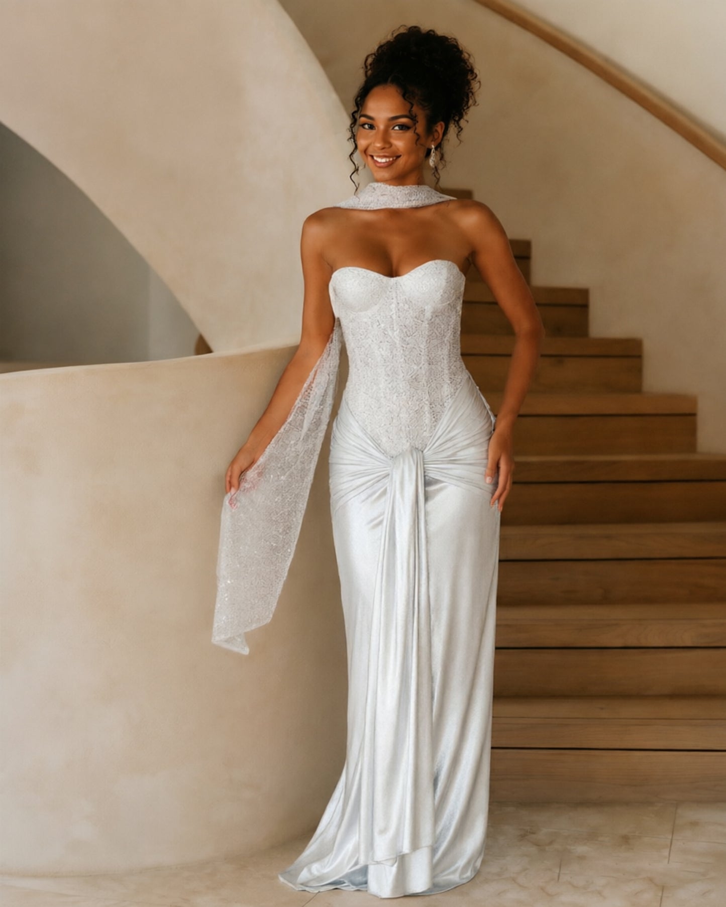 Strapless Sequin Corset Jersey Prom Dress with Draped Scarf Detail