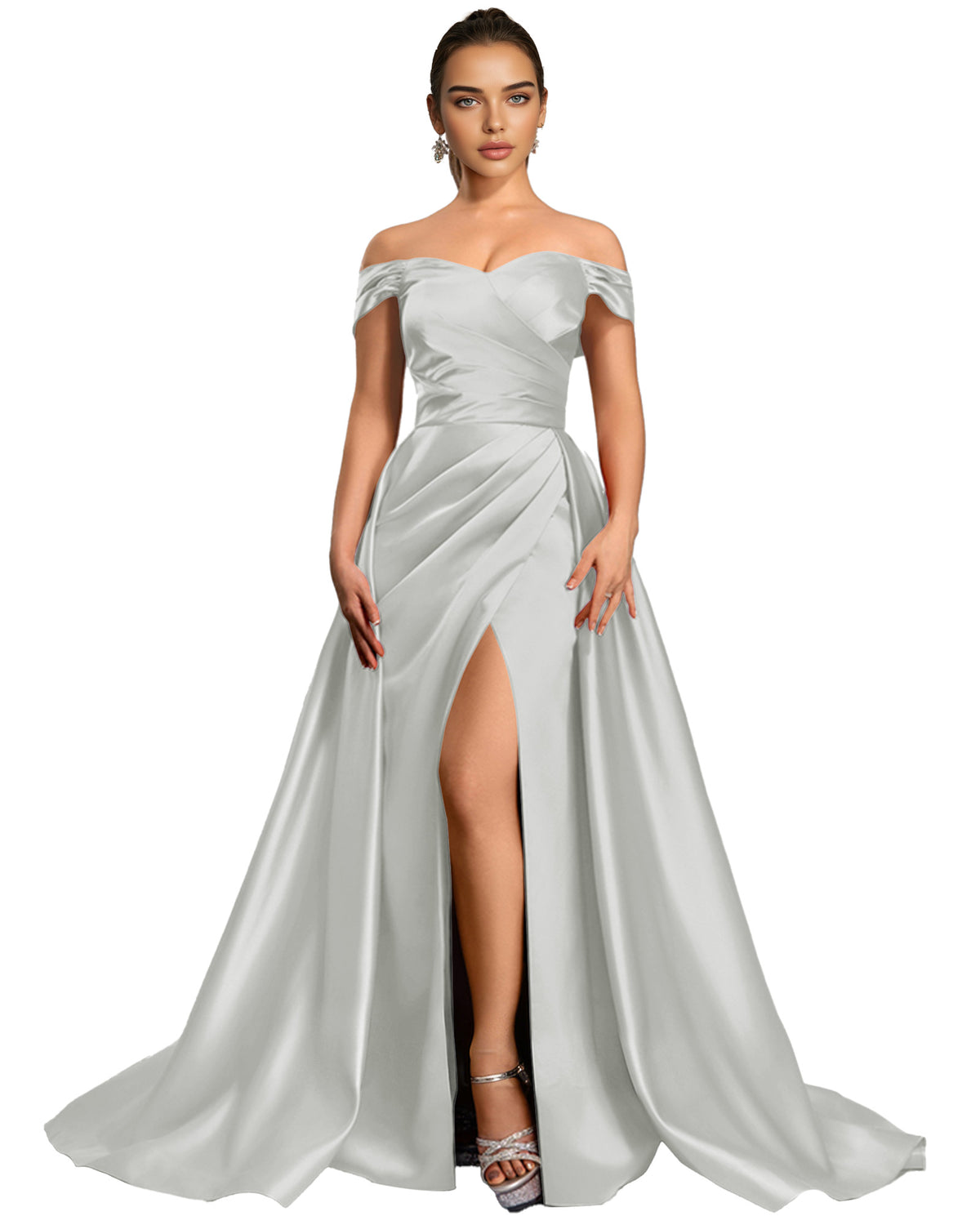 Off Shoulder Satin Ball Gown Prom Dress with Draped Bodice and Slit