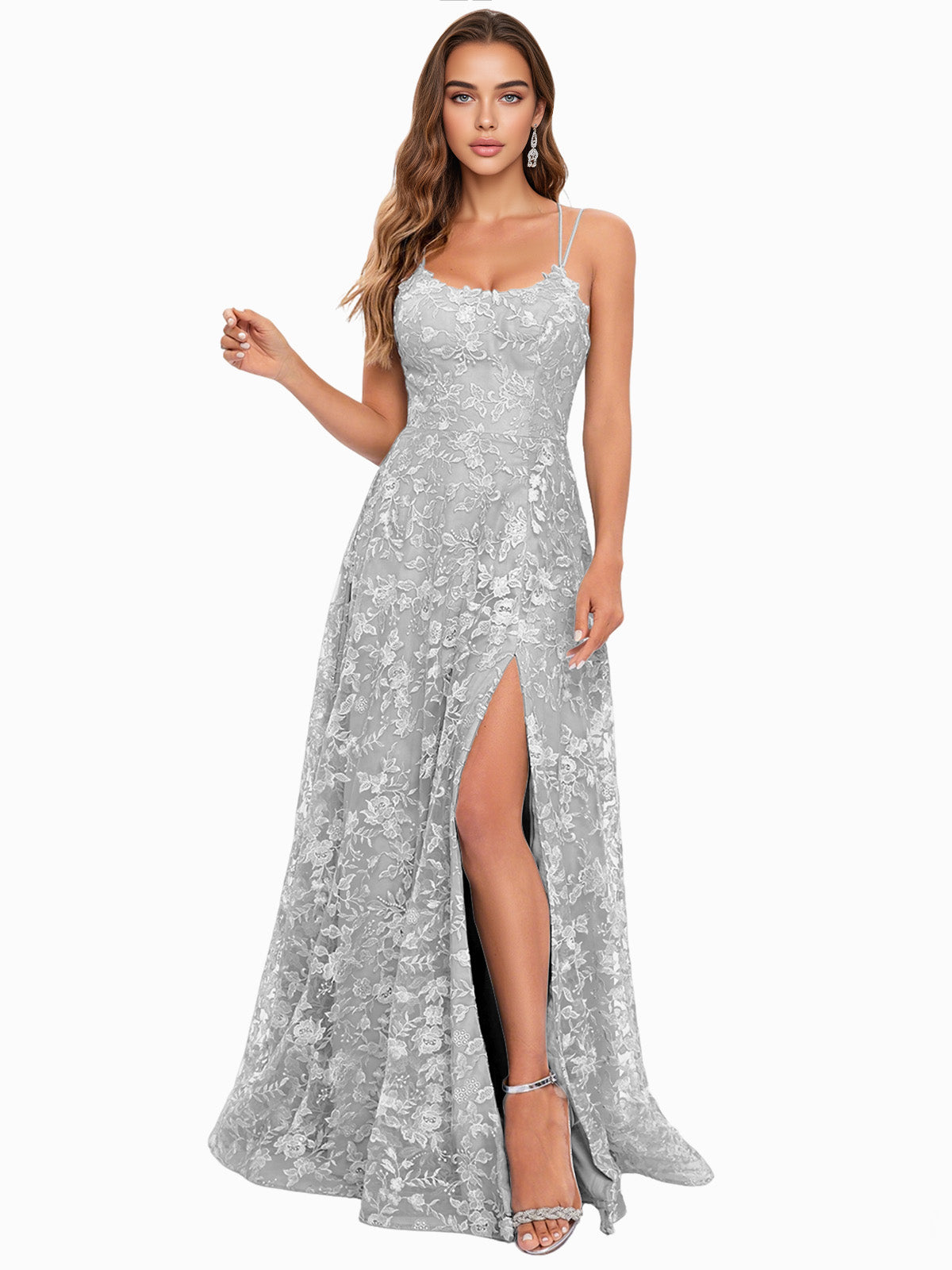 Scoop Neck Lace A-Line Prom Dress with Spaghetti Straps and Side Slit