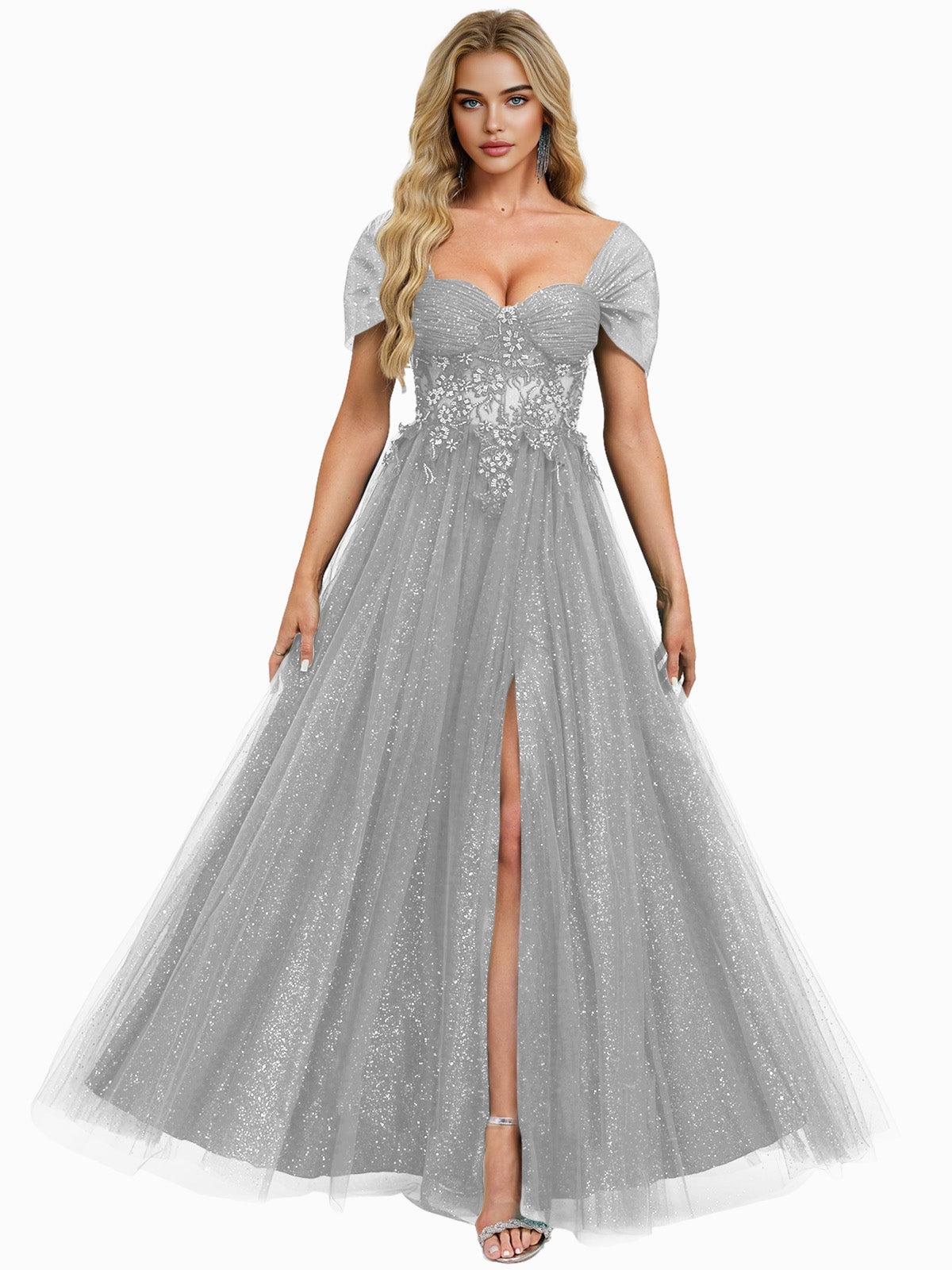 Short Sleeve Glitter Tulle Prom Dress with Illusion Bodice and Slit
