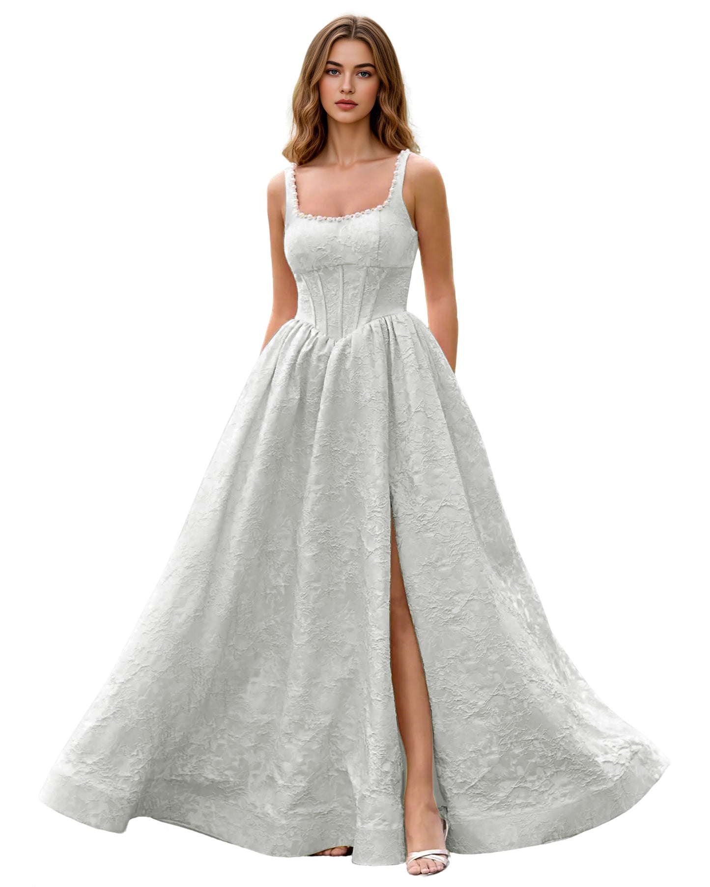 Square Neck Jacquard Ball Gown Prom Dress with Wide Straps and Pockets