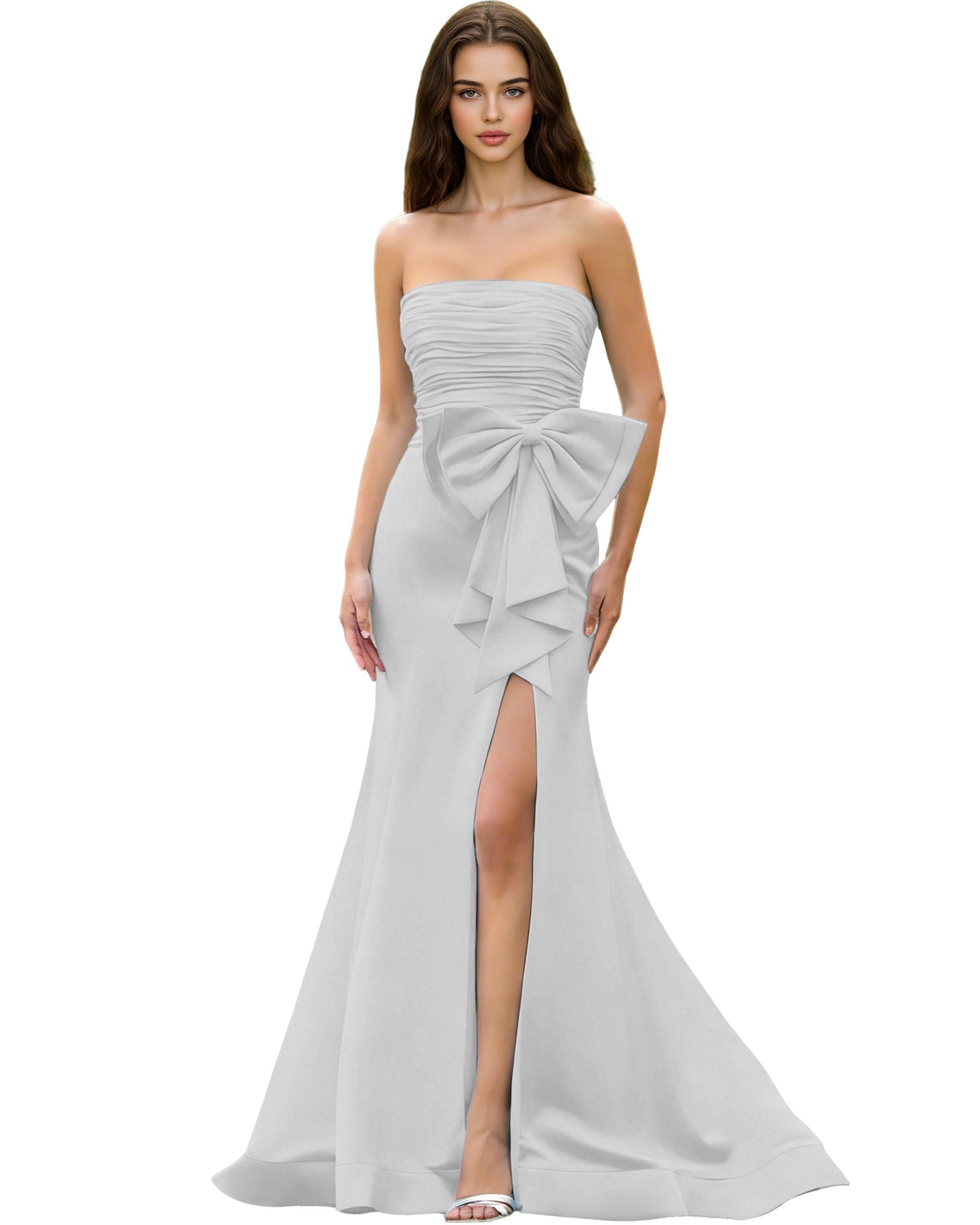Strapless Bow Detail Satin Prom Dress with Ruched Bodice and Slit