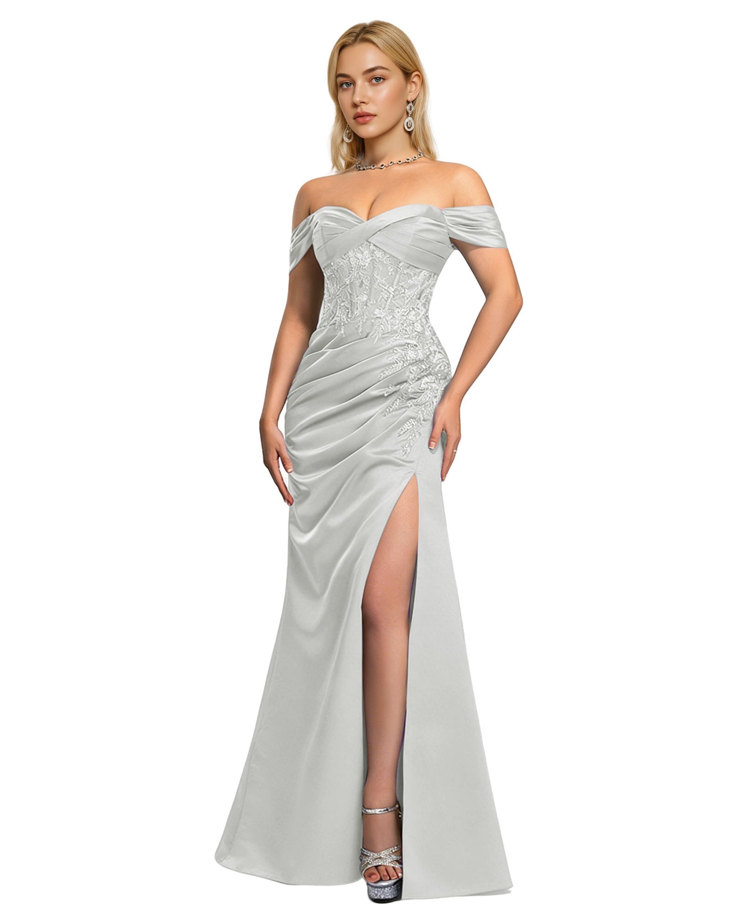 Off Shoulder Sequin Sheath Prom Dress with Foldover Neckline and Slit
