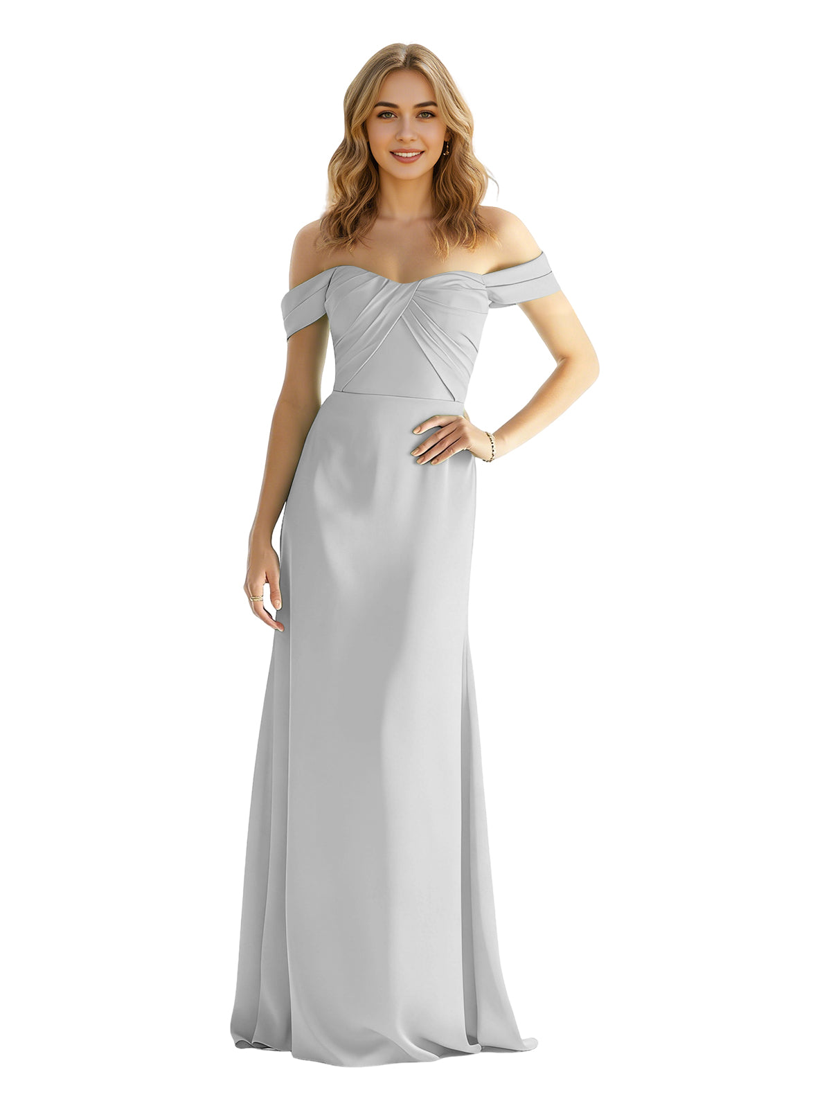 Sweetheart Off Shoulder Satin Bridesmaid Dress with Wrapped Bodice