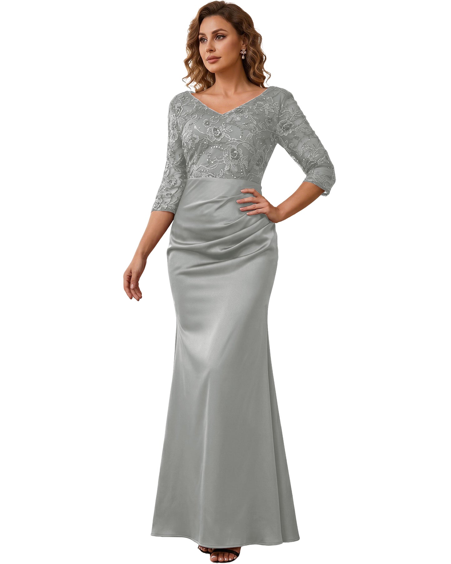 Mother of the Bride Dress Long Lace Mermaid Formal Gown with 3/4 Sleeves