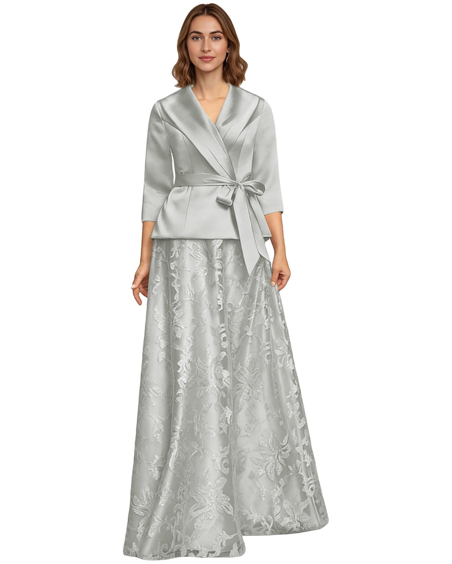 Two Piece Mother of the Bride Dress Satin Wrap Top Embroidered Long Skirt Formal Set