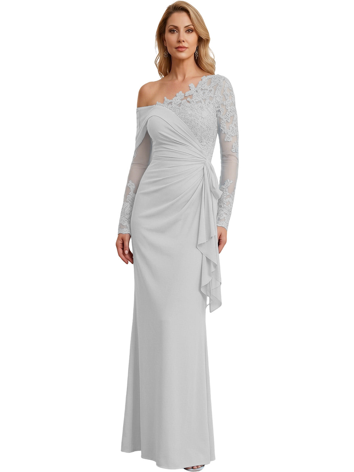 One Shoulder Mother of the Bride Gown Long Lace Sleeve Mermaid Dress with Draped Ruffle