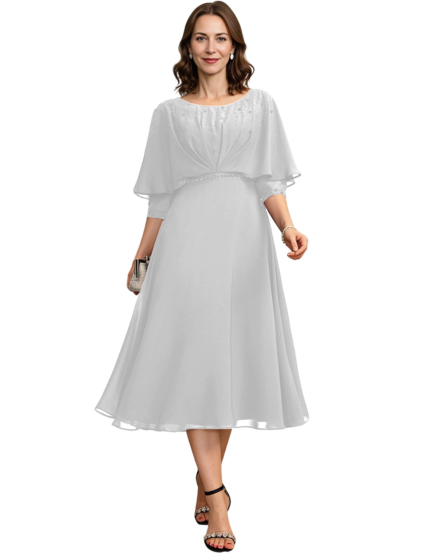 Beaded Cape Mother of the Bride Dress Tea Length Chiffon A-Line Formal Guest Gown