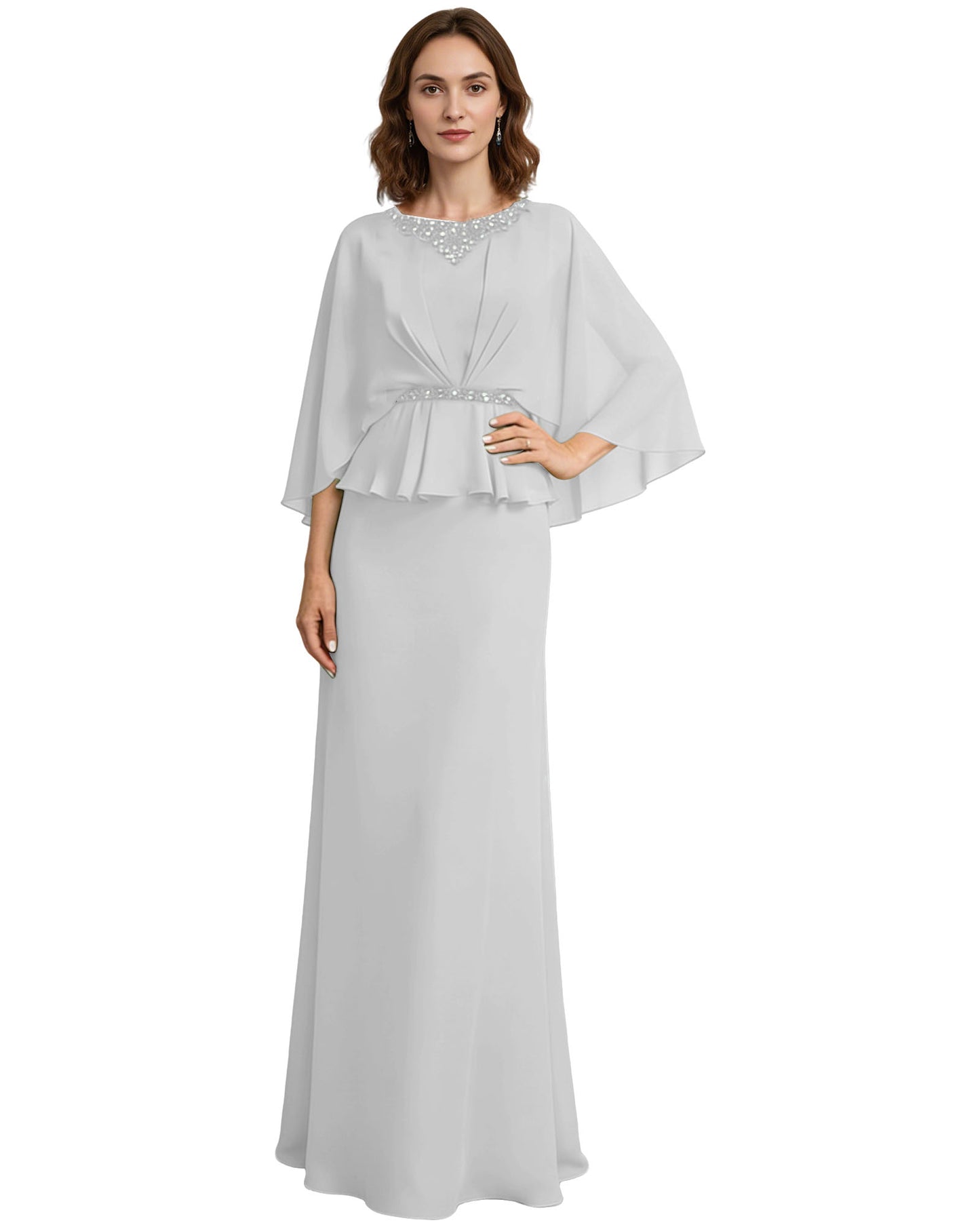 Capelet Mother of the Bride Dress Long Beaded Neck Peplum Chiffon Formal Gown