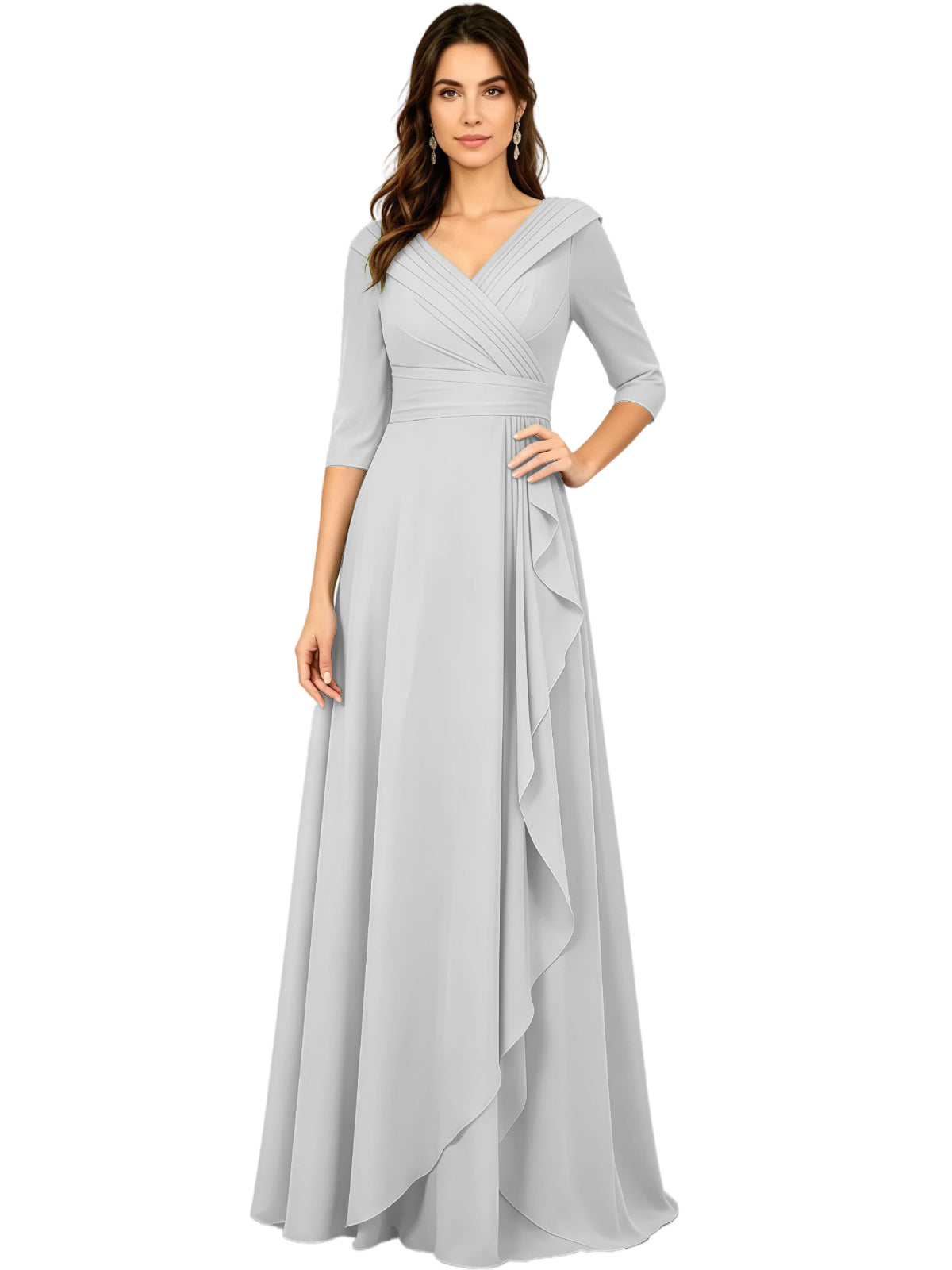 Long V-Neck Mother of the Bride Dress Chiffon Half Sleeve A-Line Gown with Side Ruffle