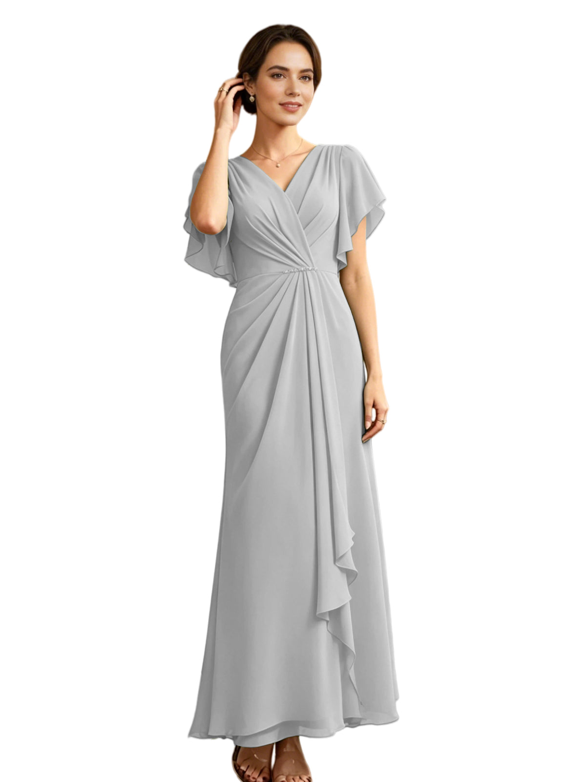 Long Chiffon Mother of the Bride Dress V-Neck Flutter Sleeve A-Line Gown with Beaded Waist