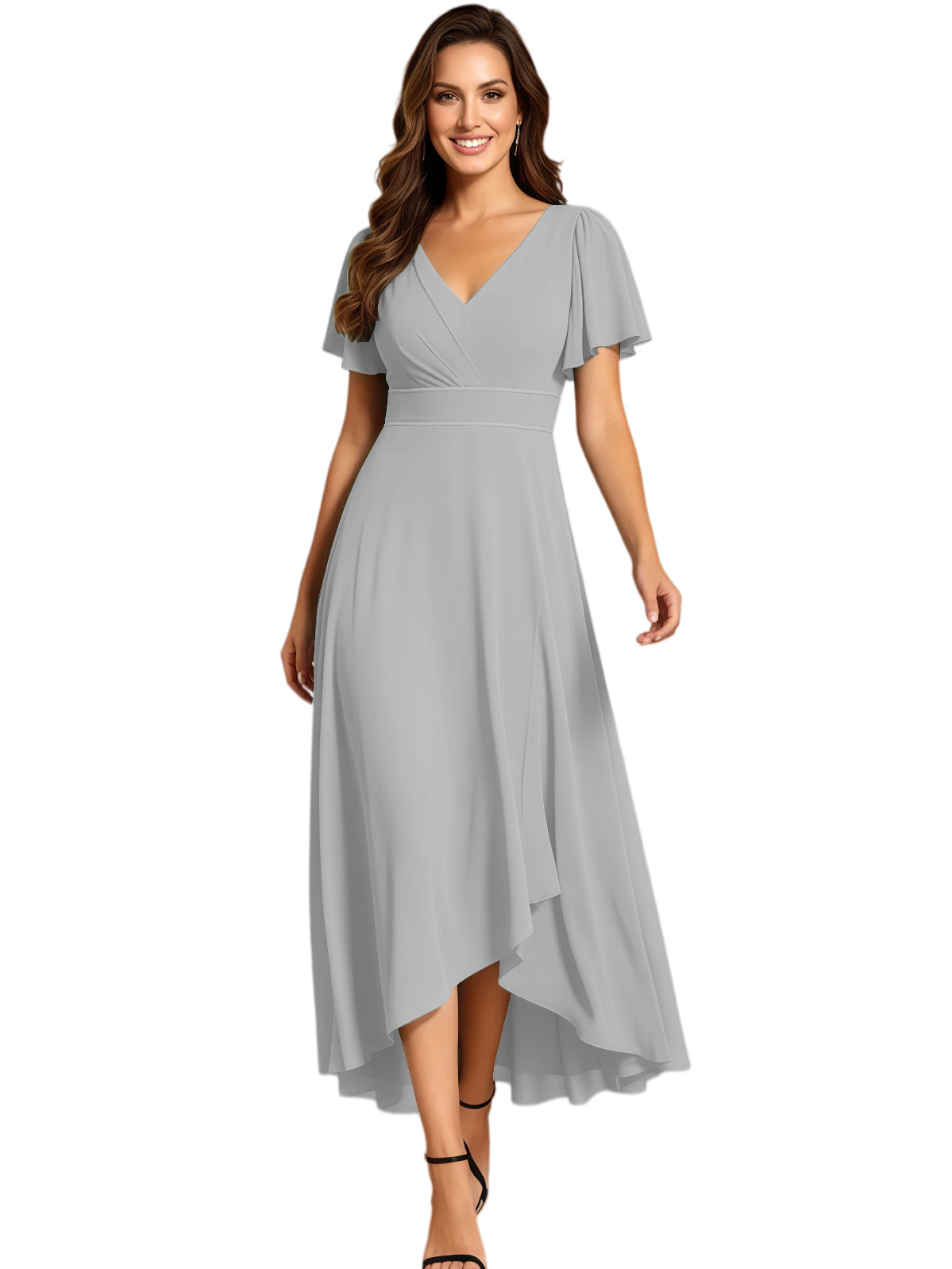 High Low Mother of the Bride Dress V-Neck Flutter Sleeve Chiffon Formal Gown
