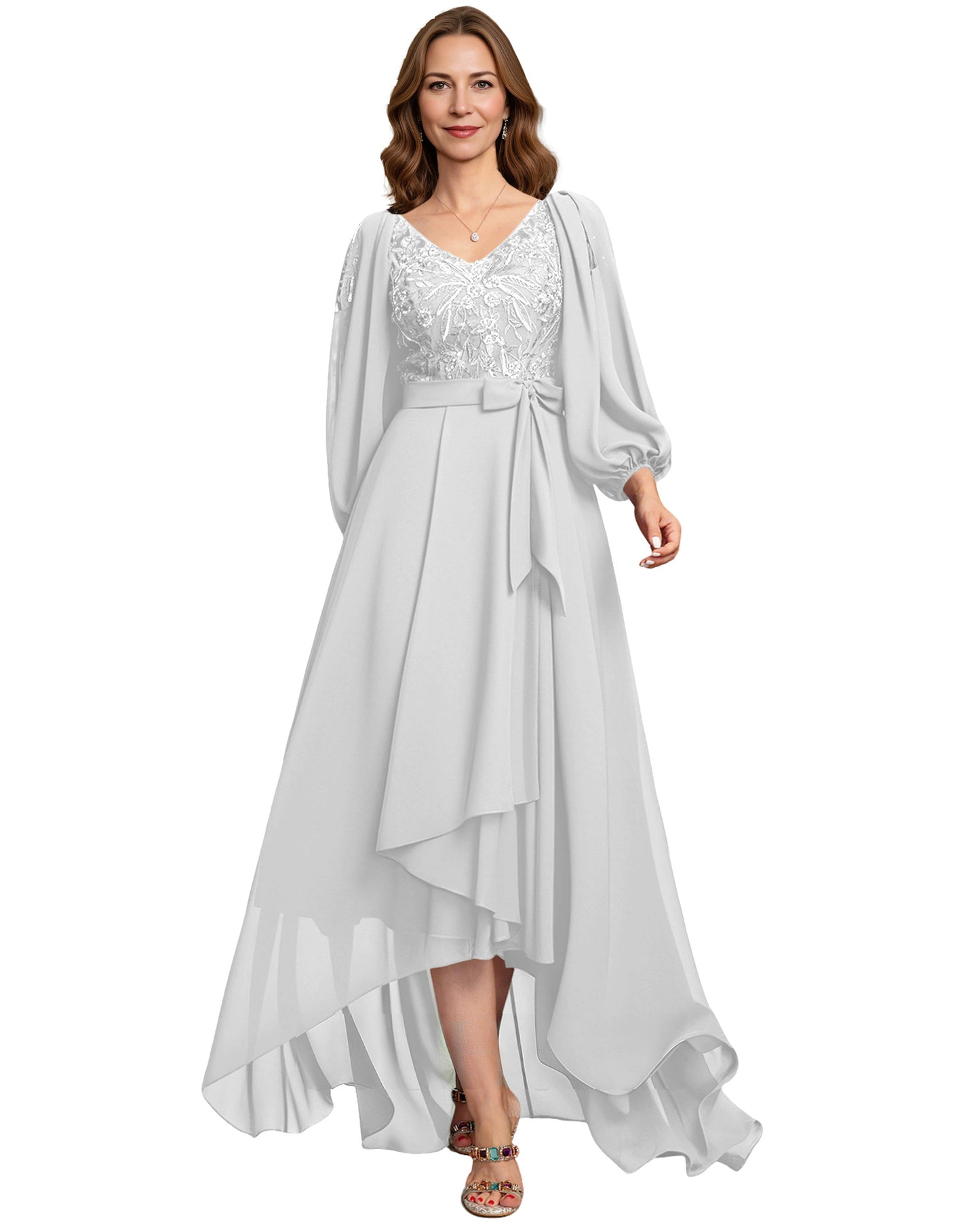 High Low Mother of the Bride Dress Lace Bodice Chiffon Jacket Formal Wedding Gown