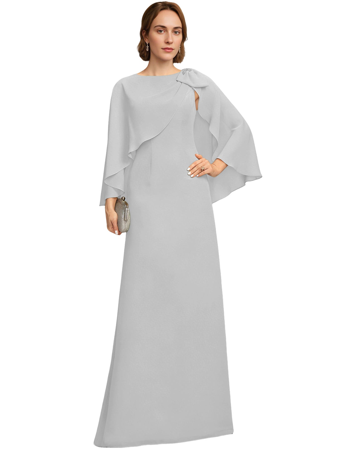 Long Cape Sleeve Mother of the Bride Dress Jewel Neck Chiffon Column Gown with Bow Detail