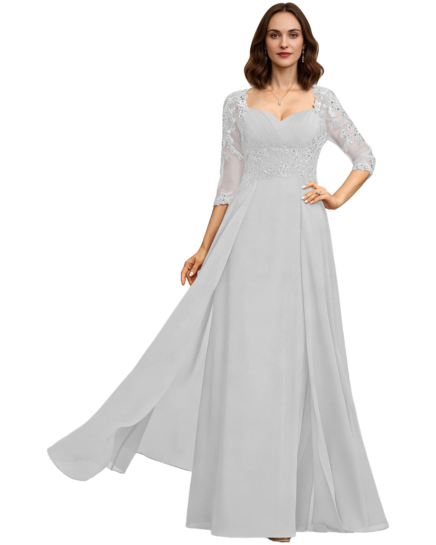 Long Sweetheart Mother of the Bride Dress Lace 3/4 Sleeve Chiffon A-Line Gown
