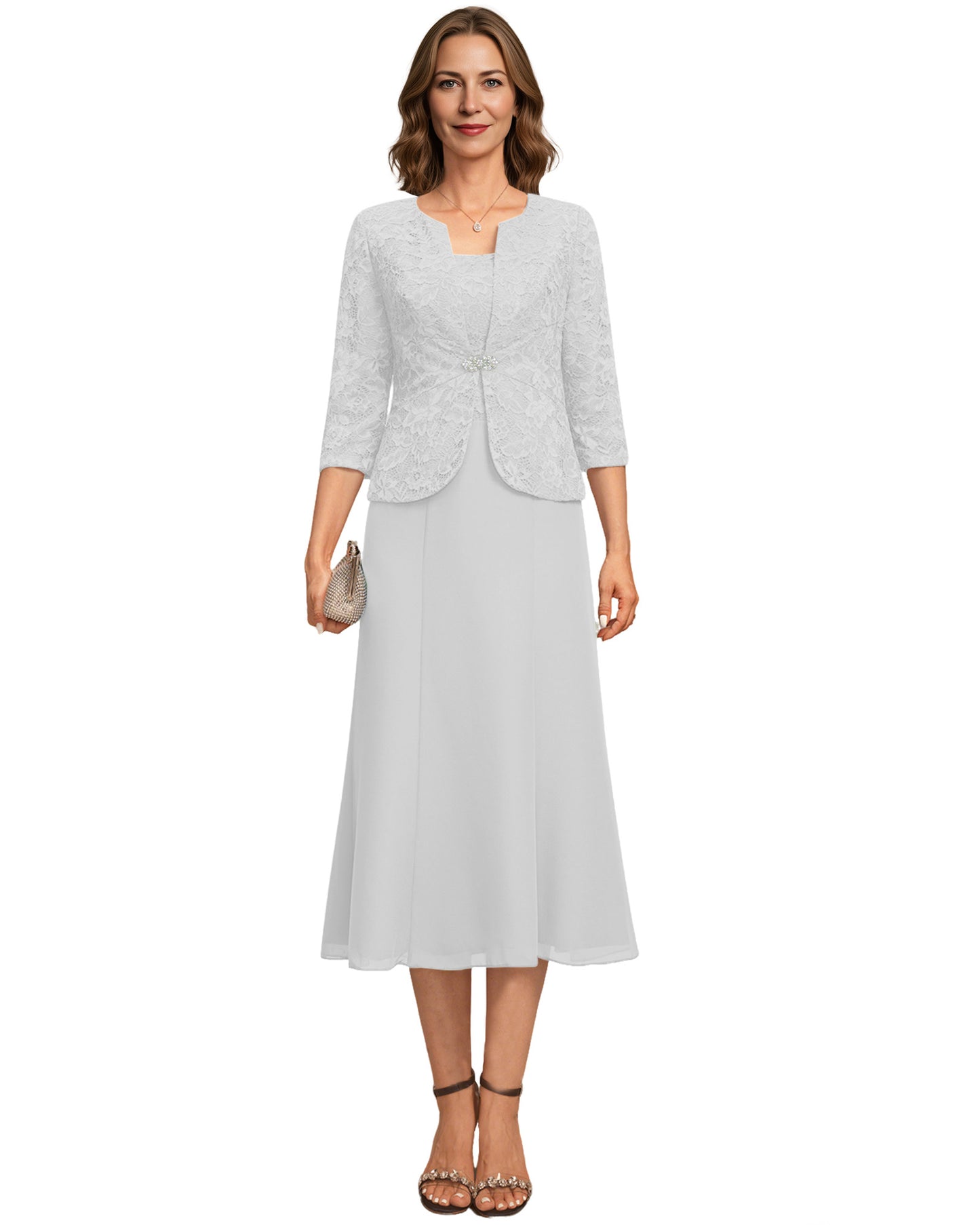 Tea Length Mother of the Bride Dress Lace Jacket Chiffon A-Line Wedding Guest Outfit