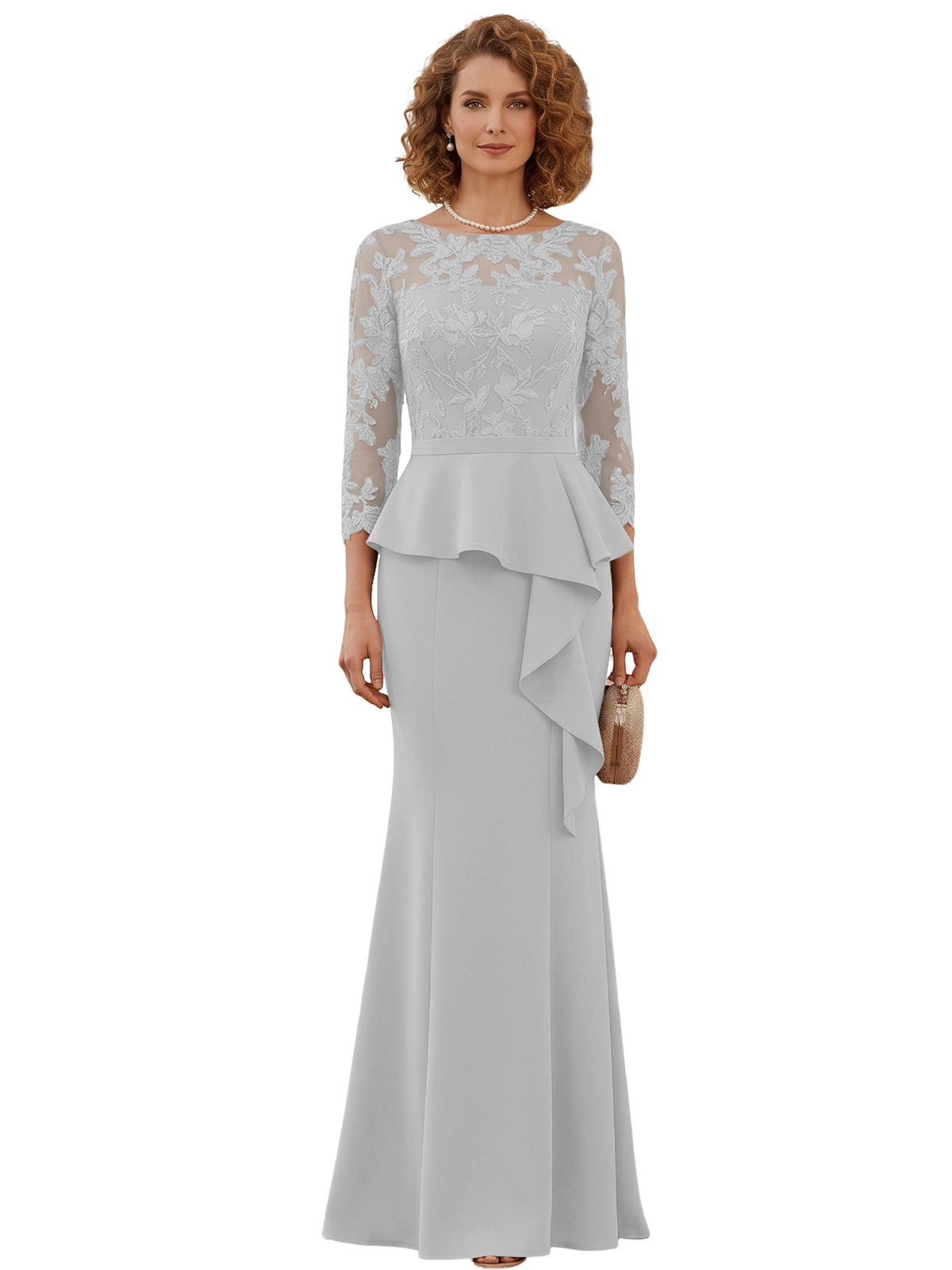 Long Mother of the Bride Dress Lace Illusion Bodice Peplum Mermaid Formal Evening Gown