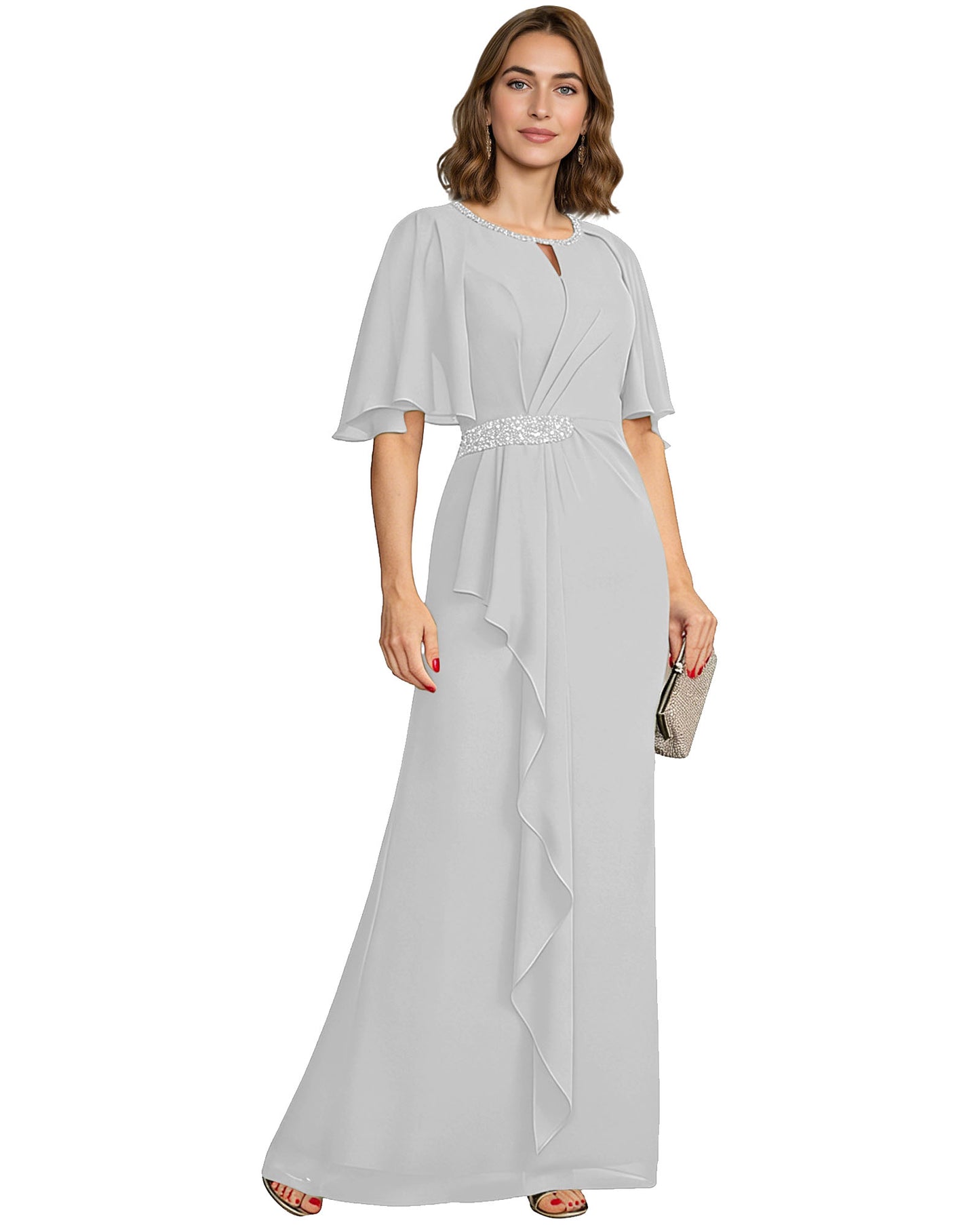 Long Mother of the Bride Dress Chiffon Flutter Sleeve Beaded Waist Formal A-Line Gown