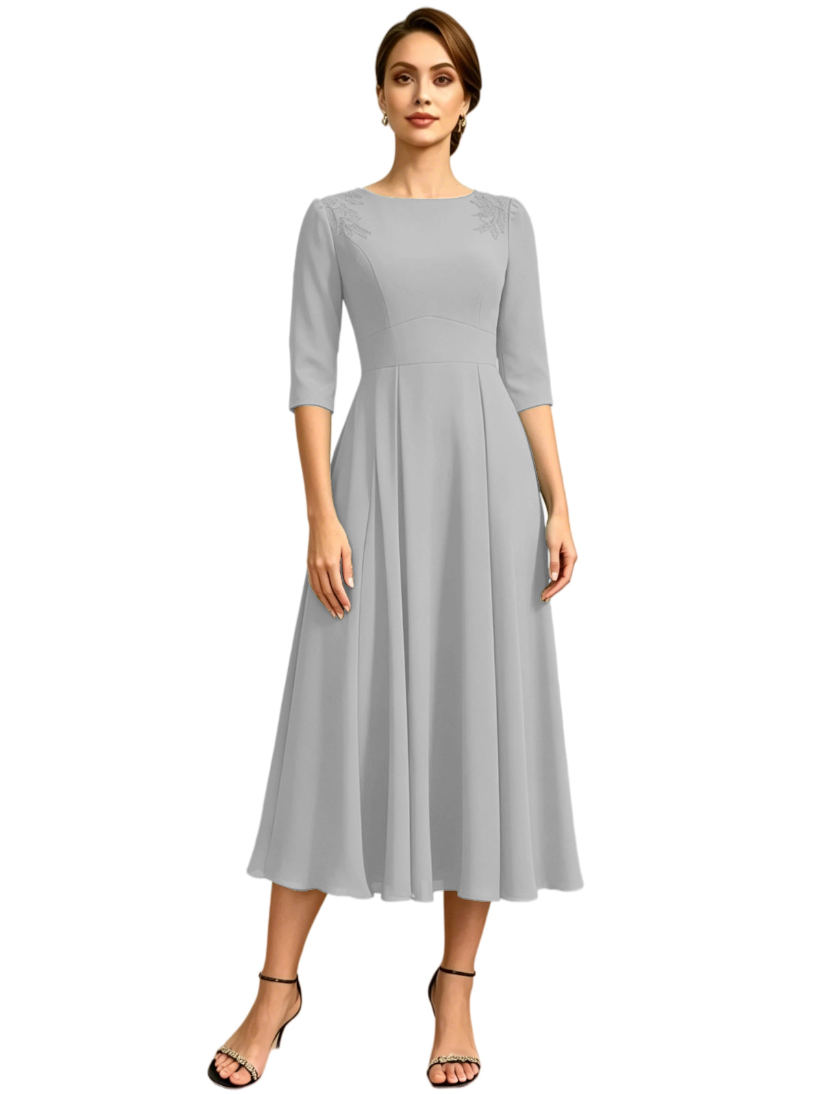 Tea Length Mother of the Bride Dress Jewel Neck Chiffon A-Line Formal Gown with Embroidery