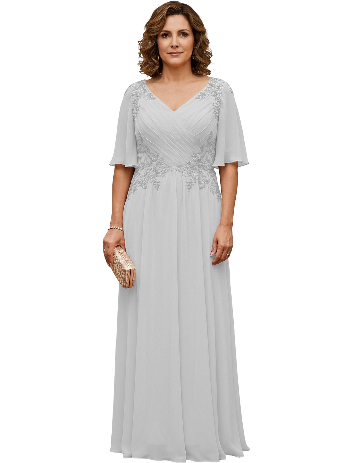 Mother of the Bride Dress Long Chiffon A-Line Gown with Flutter Sleeves and Beaded Lace