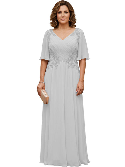 Mother of the Bride Dress Long Chiffon A-Line Gown with Flutter Sleeves and Beaded Lace