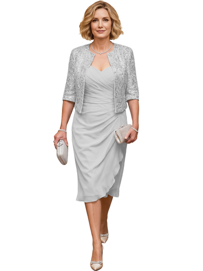 Mother of the Bride Dress with Jacket Tea Length Ruched Chiffon Wedding Guest Outfit