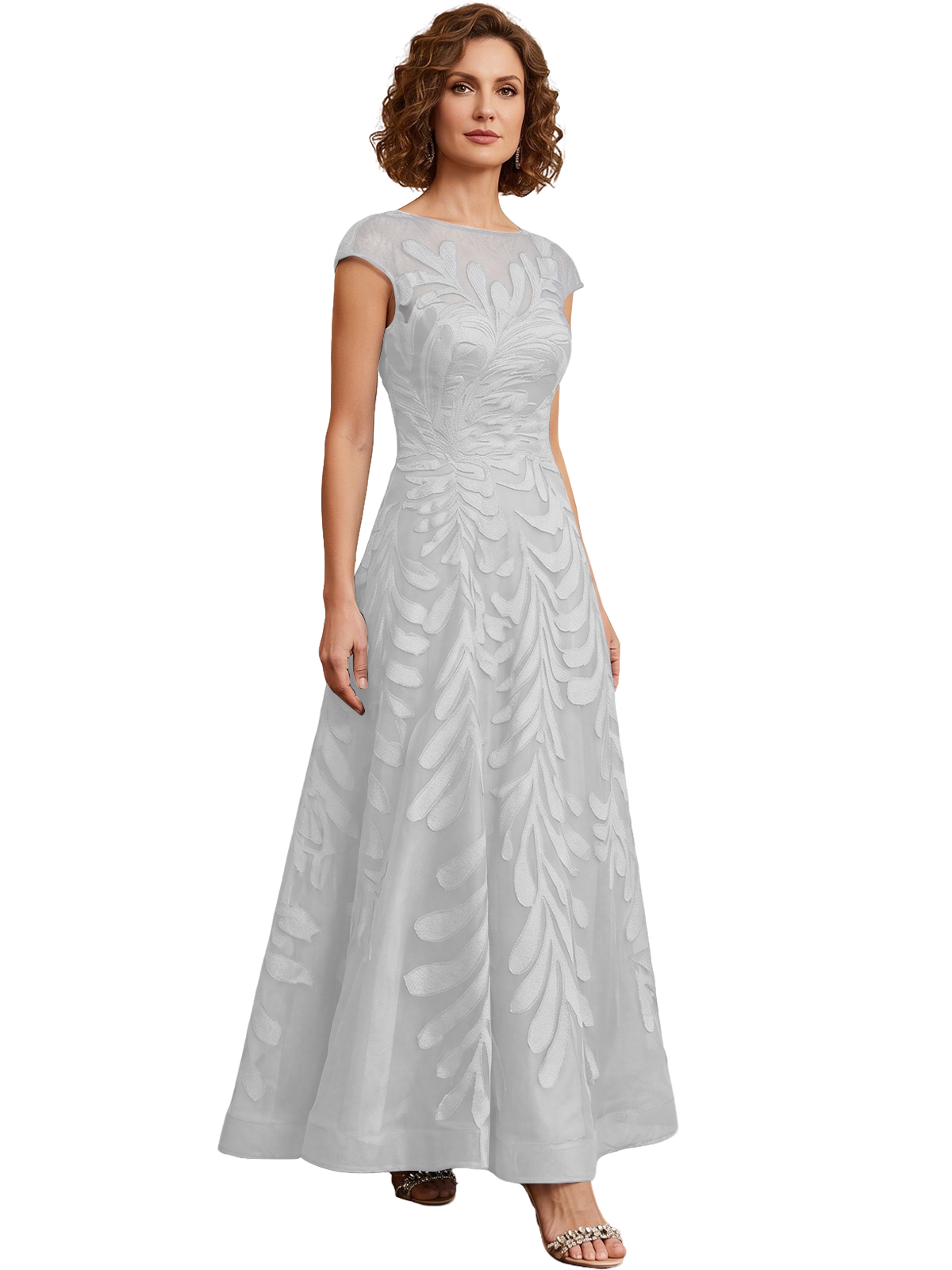 Embroidered Tulle Mother of the Bride Dress Long A-Line Gown with Illusion Cap Sleeves