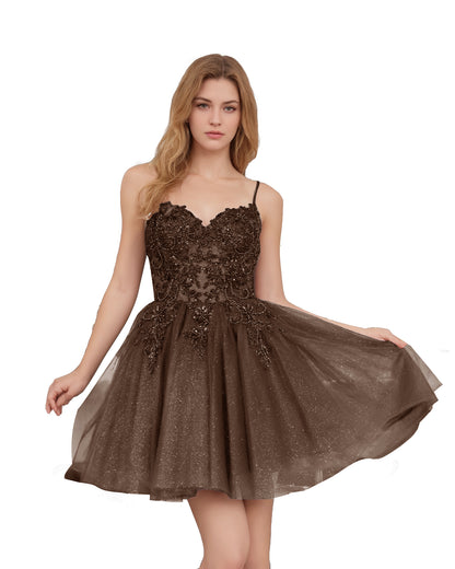 Spaghetti Strap Beaded Corset Glitter Tulle Homecoming Dress
