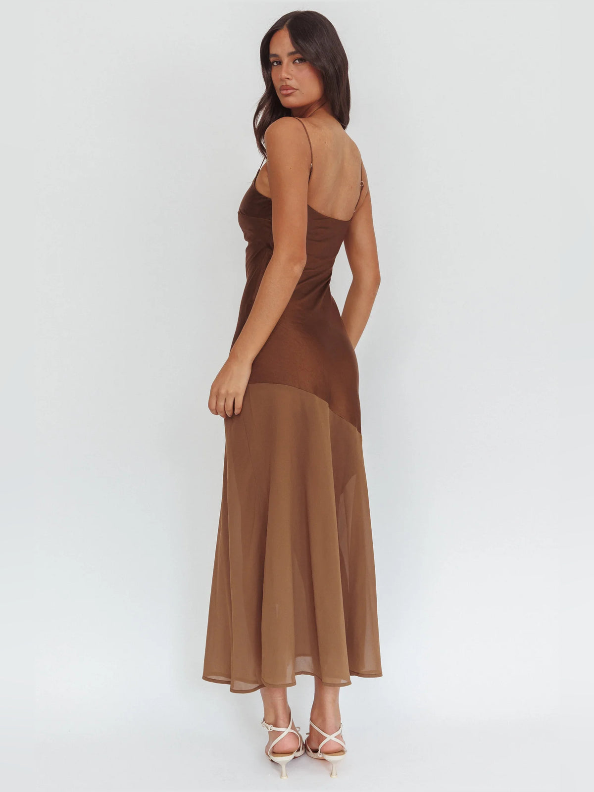 Chocolate Spaghetti Strap Sheath Chiffon Midi Formal Dress