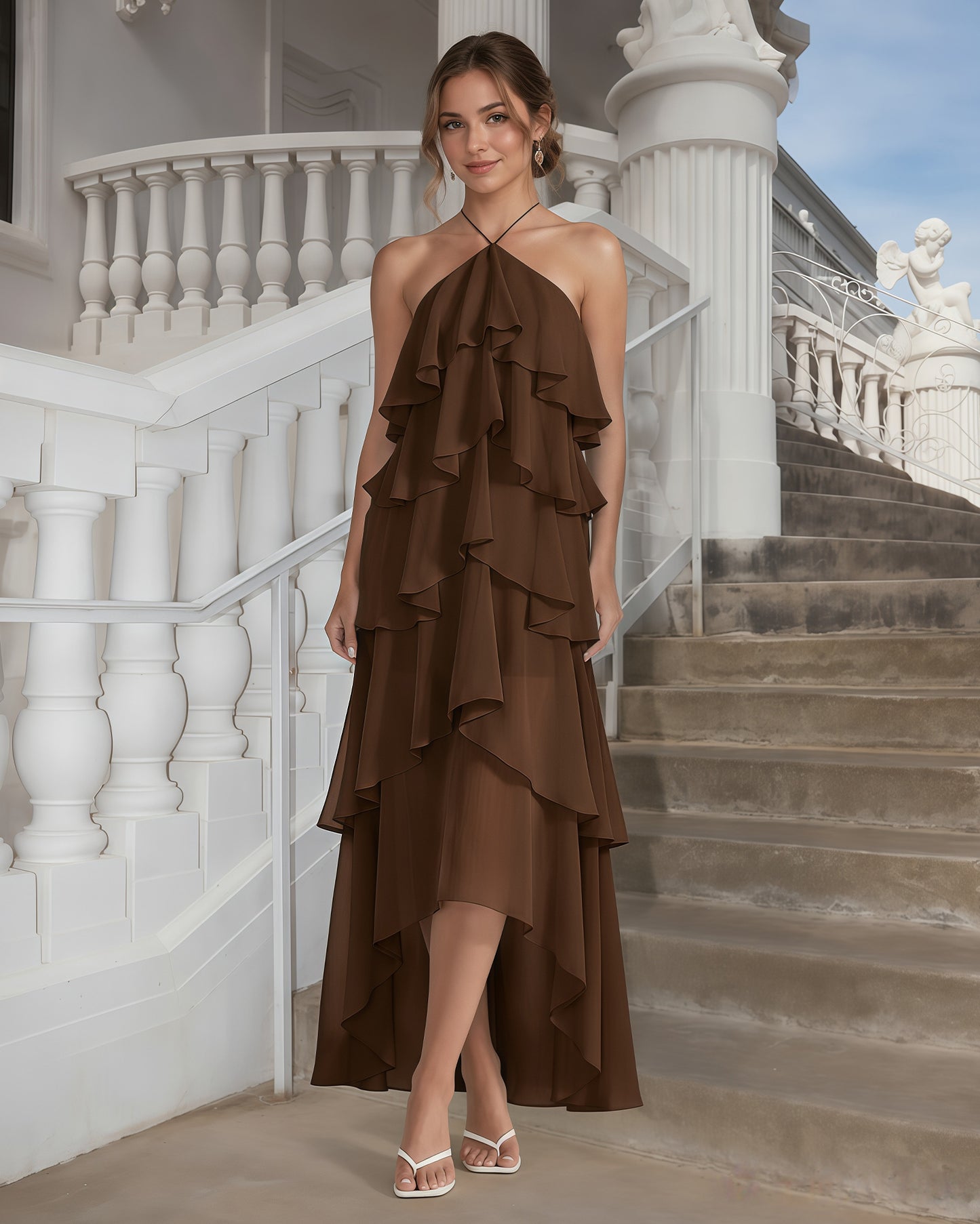 One-Shoulder Tiered Ruffle High-Low Chiffon Formal Dress