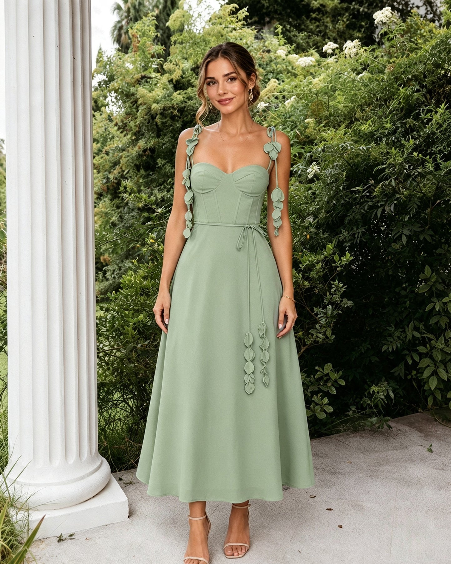 Sweetheart Floral Strap A-Line Midi Bridesmaid Dress with Corset Bodice