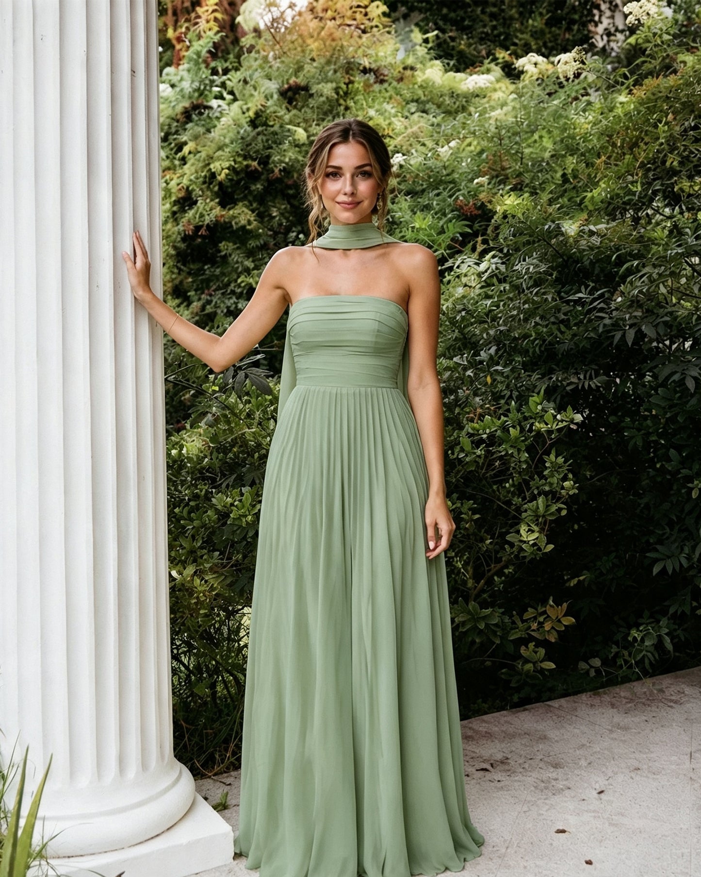 Strapless Chiffon A-Line Bridesmaid Dress with Neck Scarf and Lace-Up Back